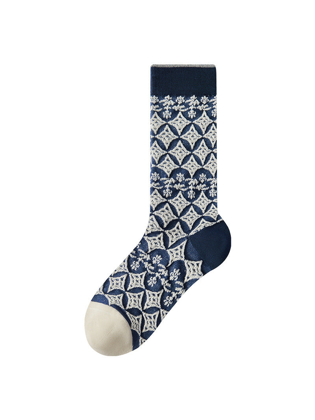 Navy sock with cream diamond and floral patterns, shown against a white background.