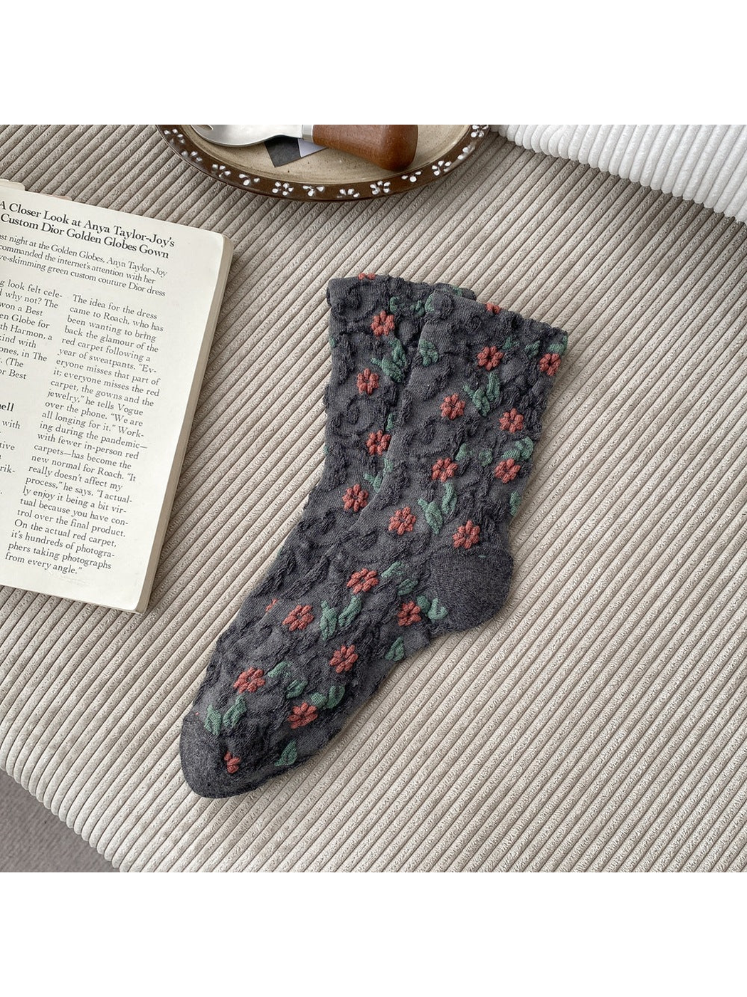 Dark Gray socks with coral flowers, green leaves and scalloped cuffs.