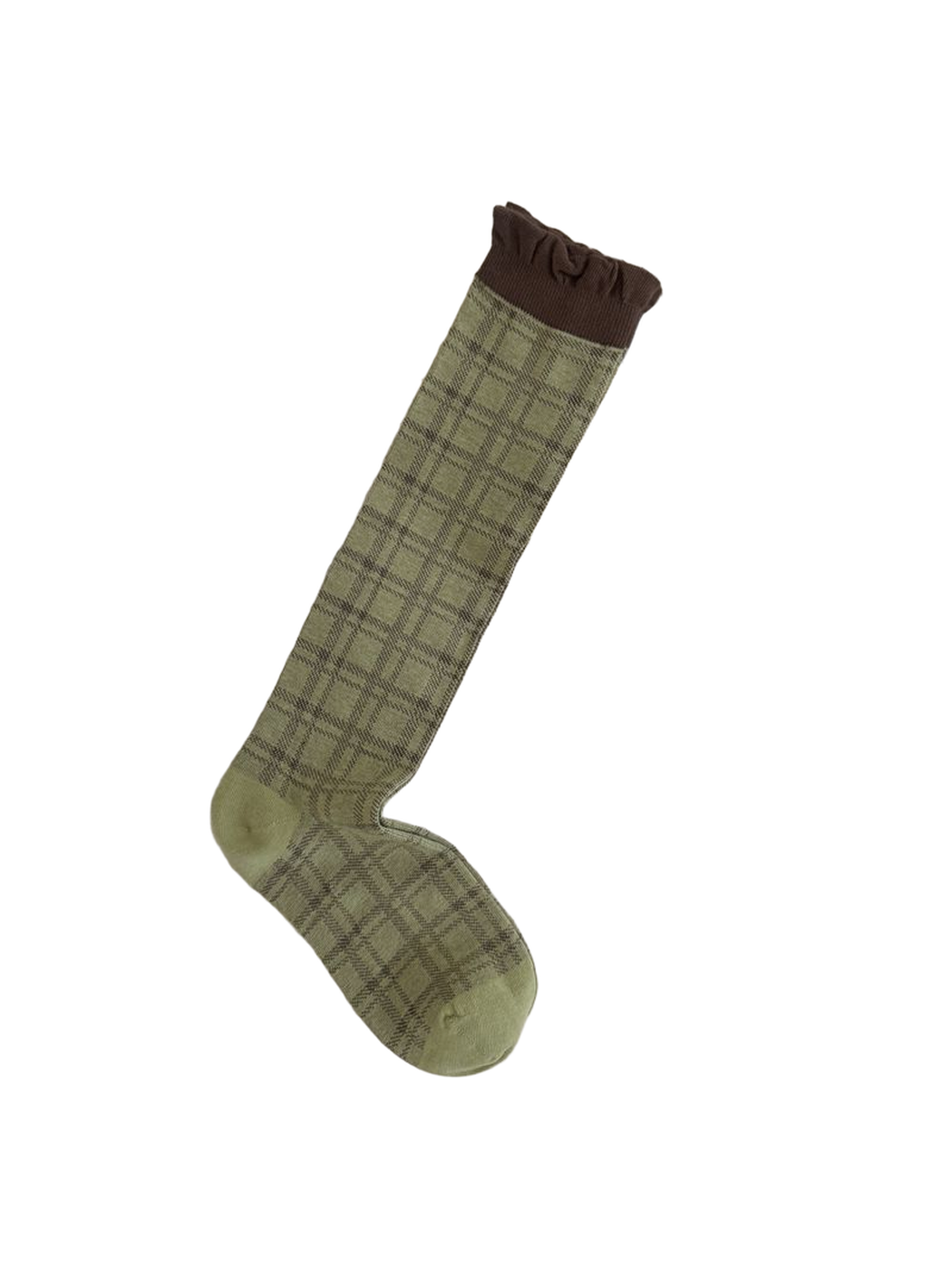 Army Green plaid sock laid flat with a contrasting brown ribbed cuff.