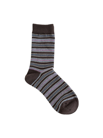Stripes sock with narrow ivory, blue and purple stripes on a dark brown base and a ribbed cuff.