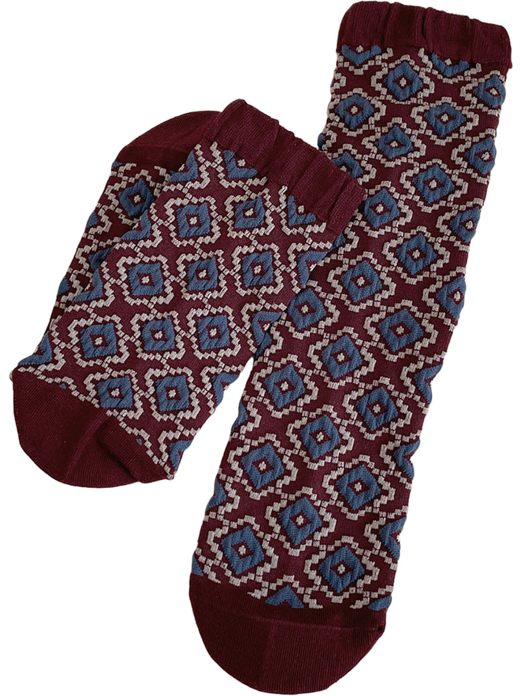Burgundy Diamonds socks with blue and ivory motifs and ribbed cuffs.