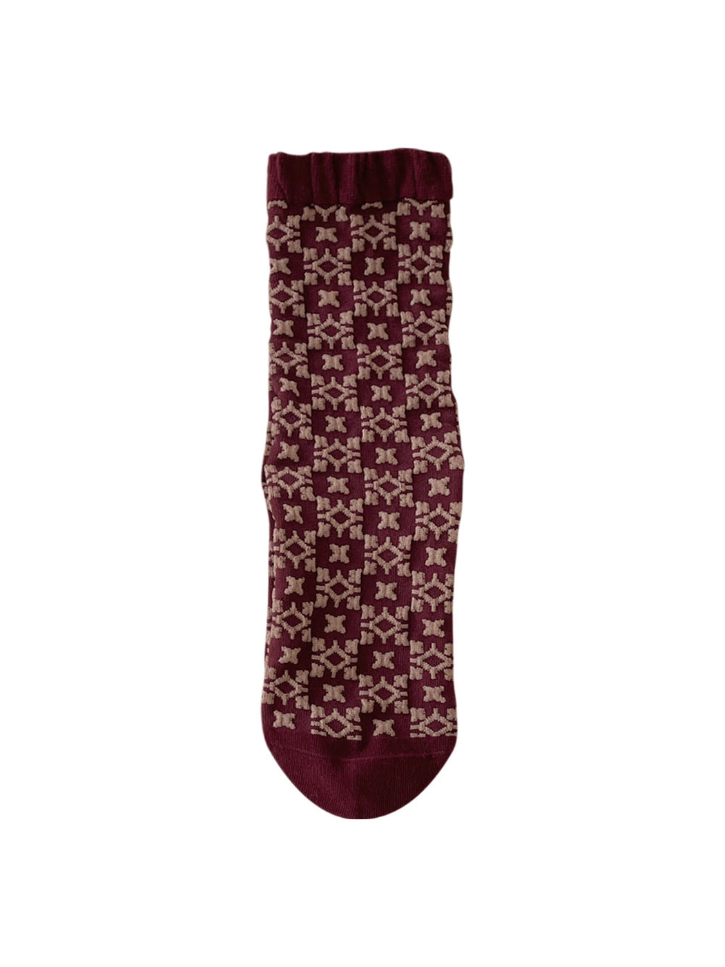 Burgundy Geometric sock with beige motifs and a ribbed cuff on white.