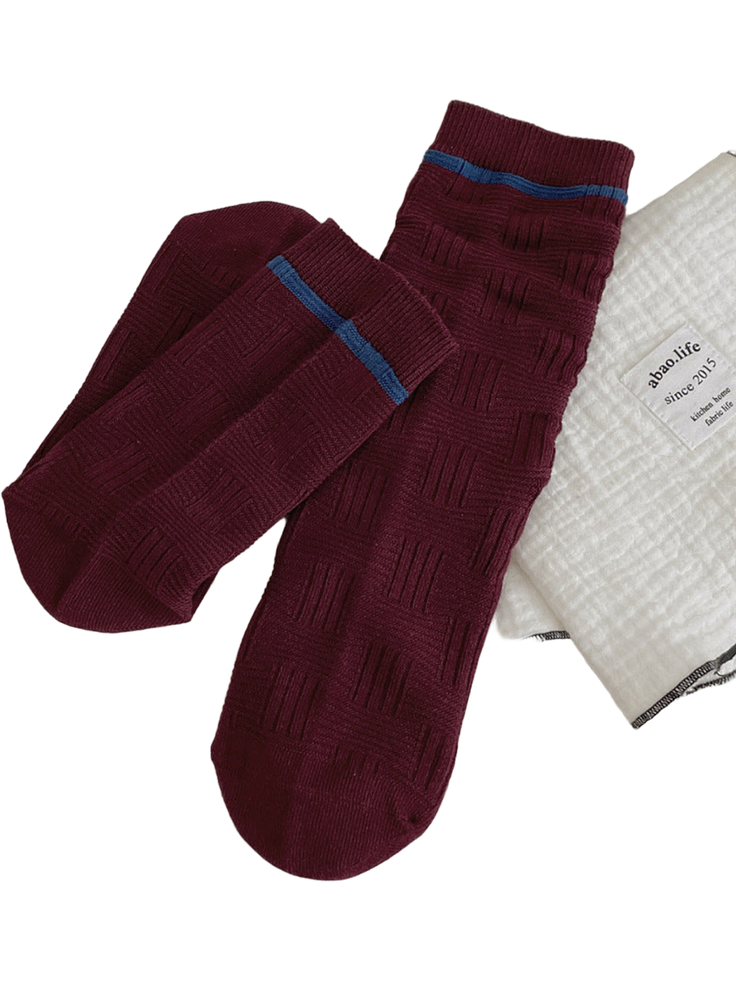 Burgundy Basketweave socks with raised rectangular texture and blue cuff stripes.