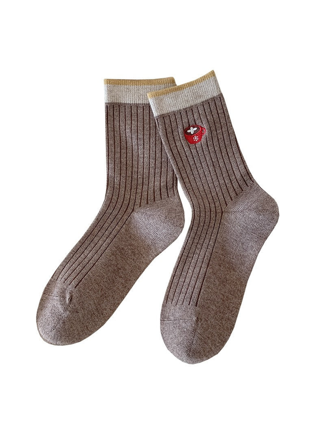 Brown Coffee Cup ribbed crew socks with contrasting cuffs on a white background.