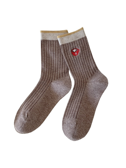 Brown Coffee Cup ribbed crew socks with contrasting cuffs on a white background.