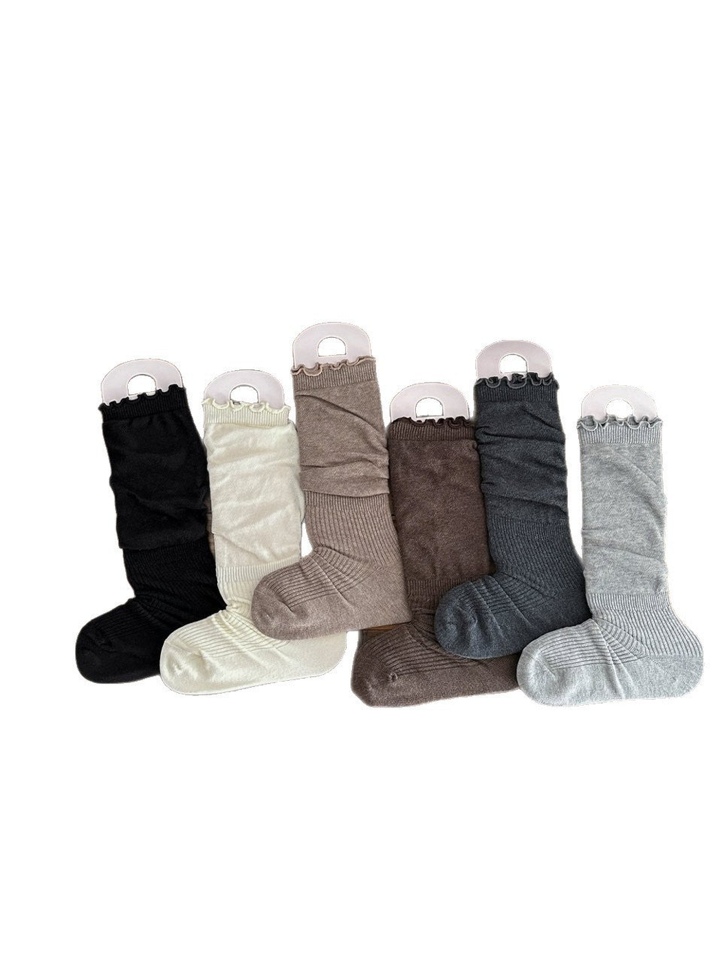 Socks in six colors arranged on a white background, showing ruffled cuffs and ribbed feet.