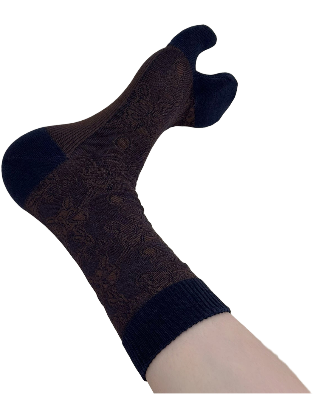 Close view of a blue-and-brown floral split-toe sock with a ribbed cuff.