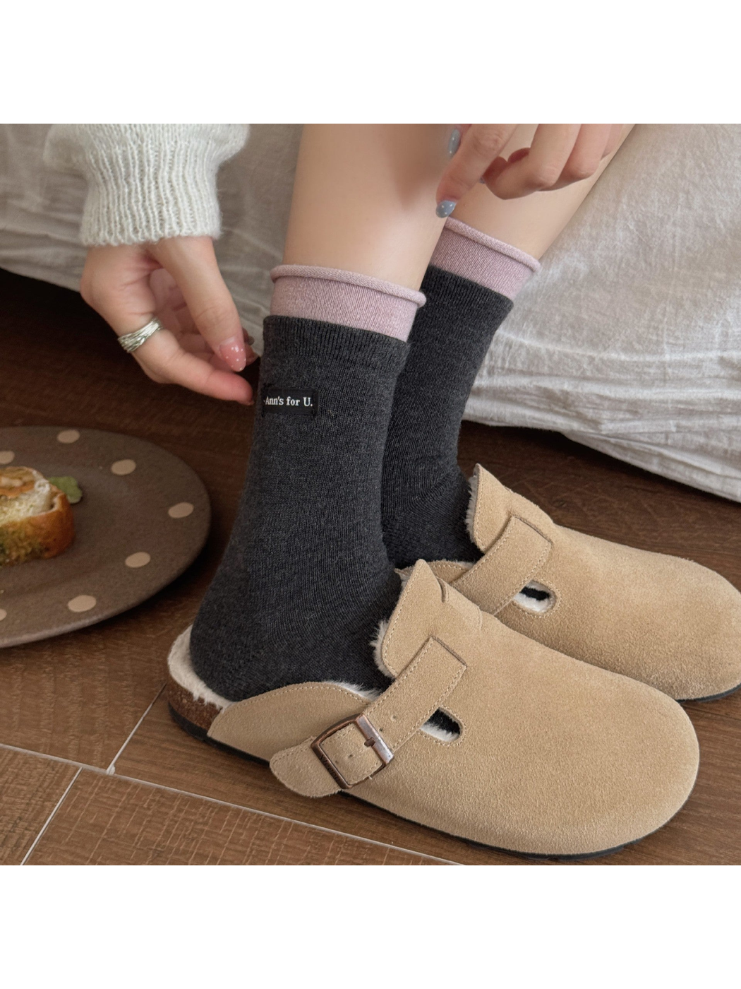 Dark Gray socks with muted pink rolled cuffs worn with beige buckle clogs.