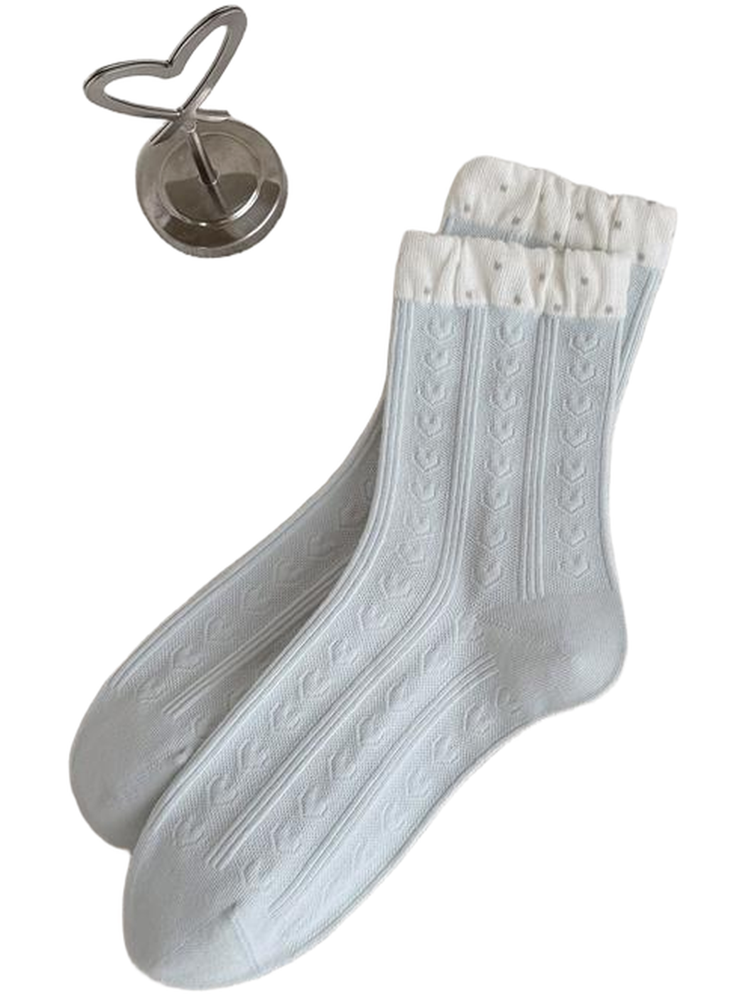 Light blue Hearts socks with vertical ribs and white ruffled cuffs.
