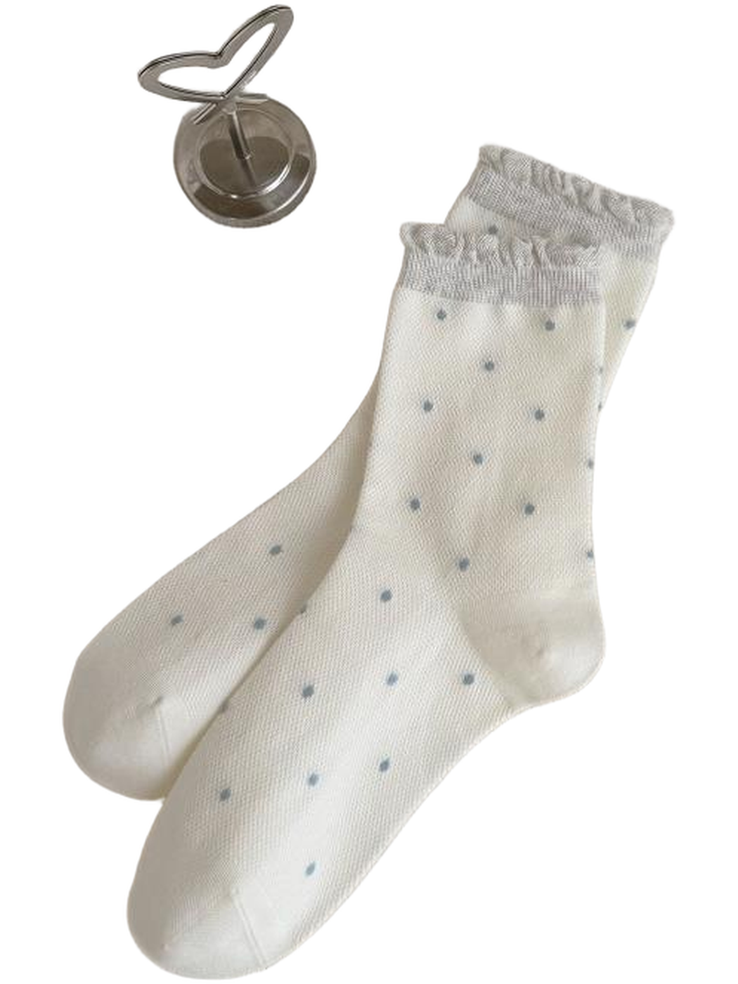 Ivory Scattered Dots socks with light blue dots and gray ruffled cuffs.