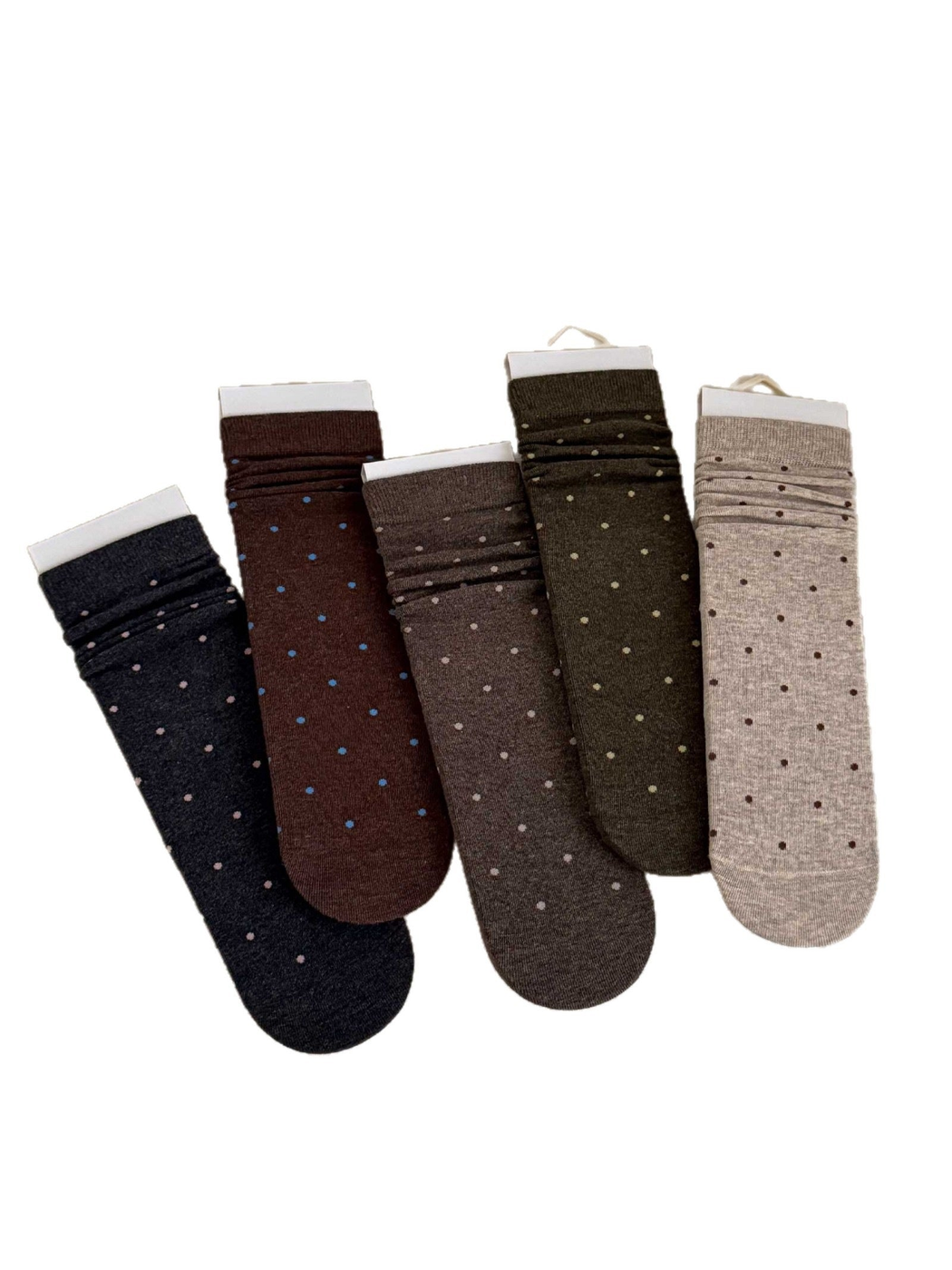 Five polka dot sock colors displayed with ribbed cuffs and rounded toes on a white background.