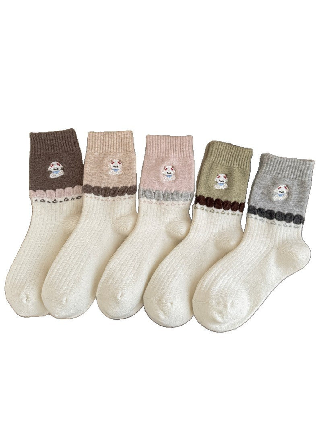 Brown, beige, pink, green and gray socks with ivory feet, cartoon animal motifs and oval bands.