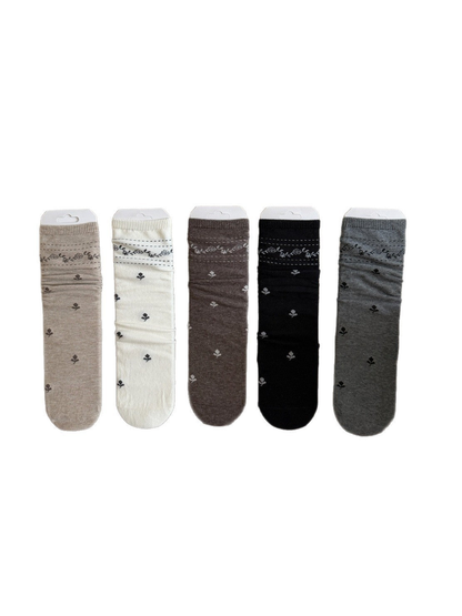 Beige, Ivory, Brown, Black and Gray socks with floral sprigs and patterned ribbed cuffs.
