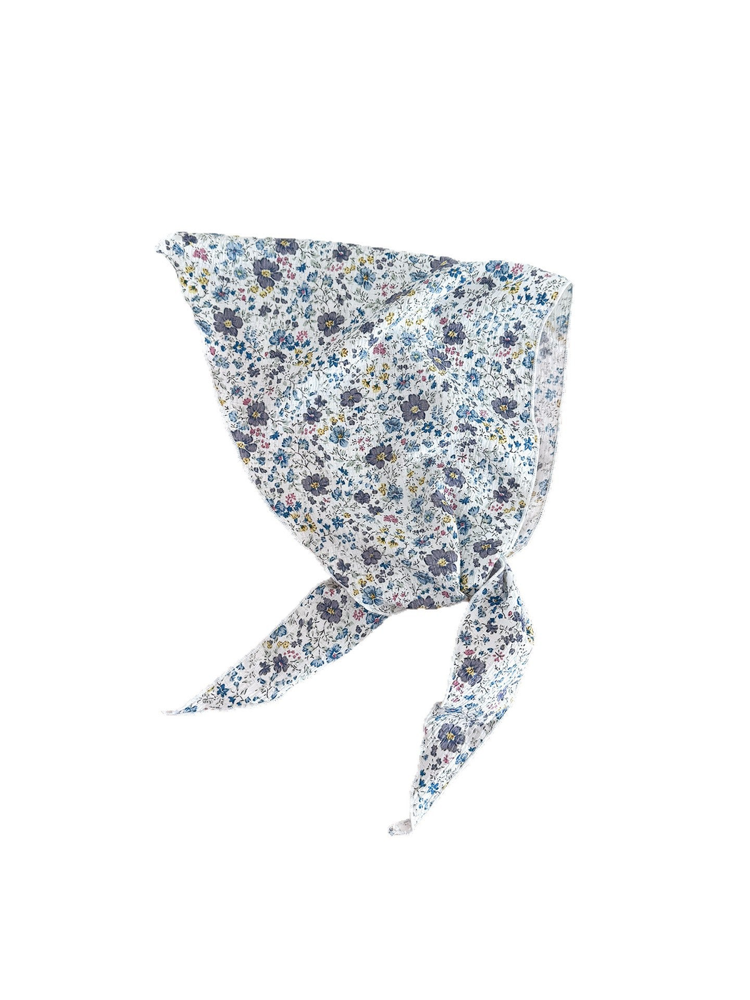 Blue floral triangle scarf with tied pointed ends against a white background.