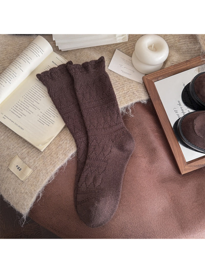 Brown socks laid flat, showing geometric motifs, raised horizontal bands, and scalloped ribbed cuffs.