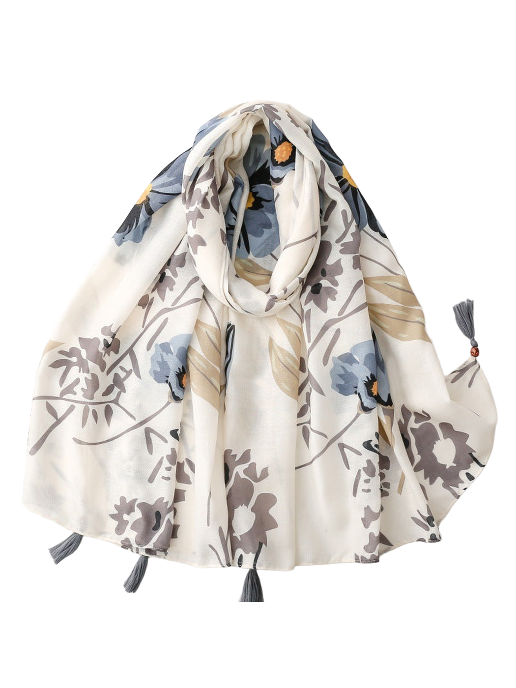 SL2607-054 cream scarf with blue and gray floral print and corner tassels