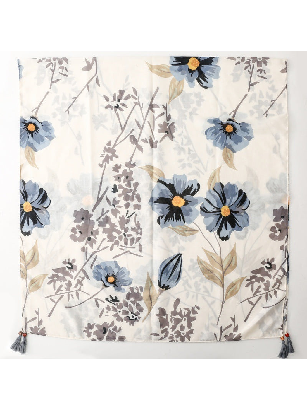 Cream rectangular scarf with blue and gray floral print, laid flat