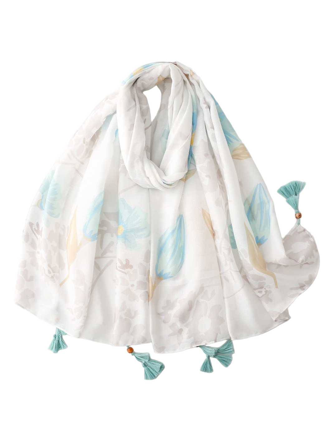 SL2607-045 white scarf with pale aqua floral print and aqua tassels
