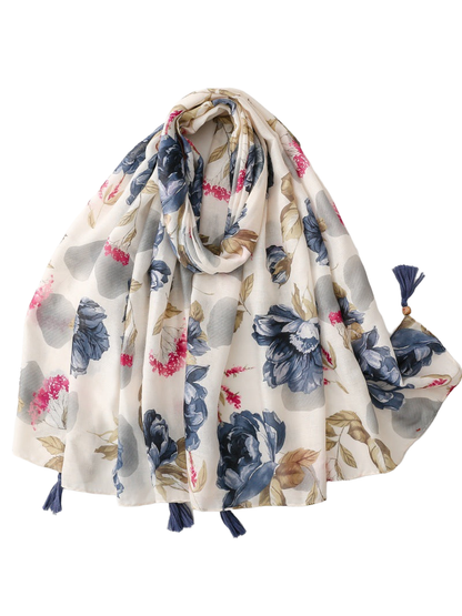 SL2607-046 cream scarf with navy and pink floral print and navy tassels