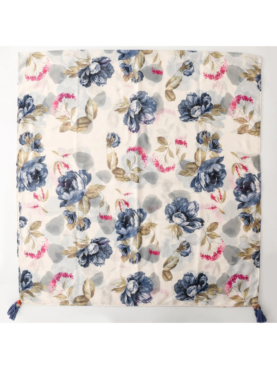 Cream rectangular scarf with navy and pink floral print, laid flat