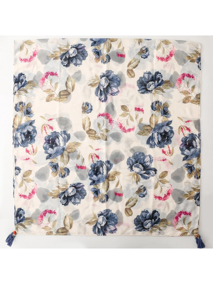 Cream rectangular scarf with navy and pink floral print, laid flat