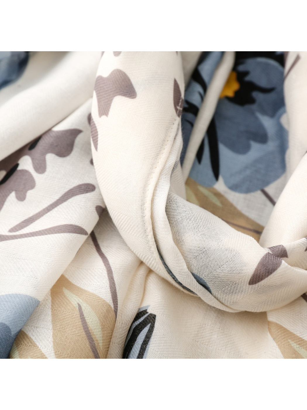 Close-up of the blue and gray floral print and fine sheer weave
