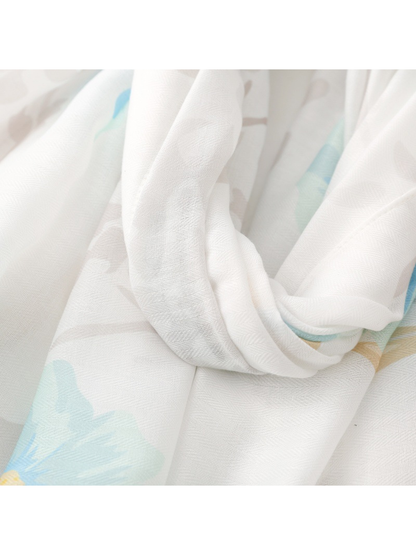Close-up of the white scarf ground and fine semi-transparent weave