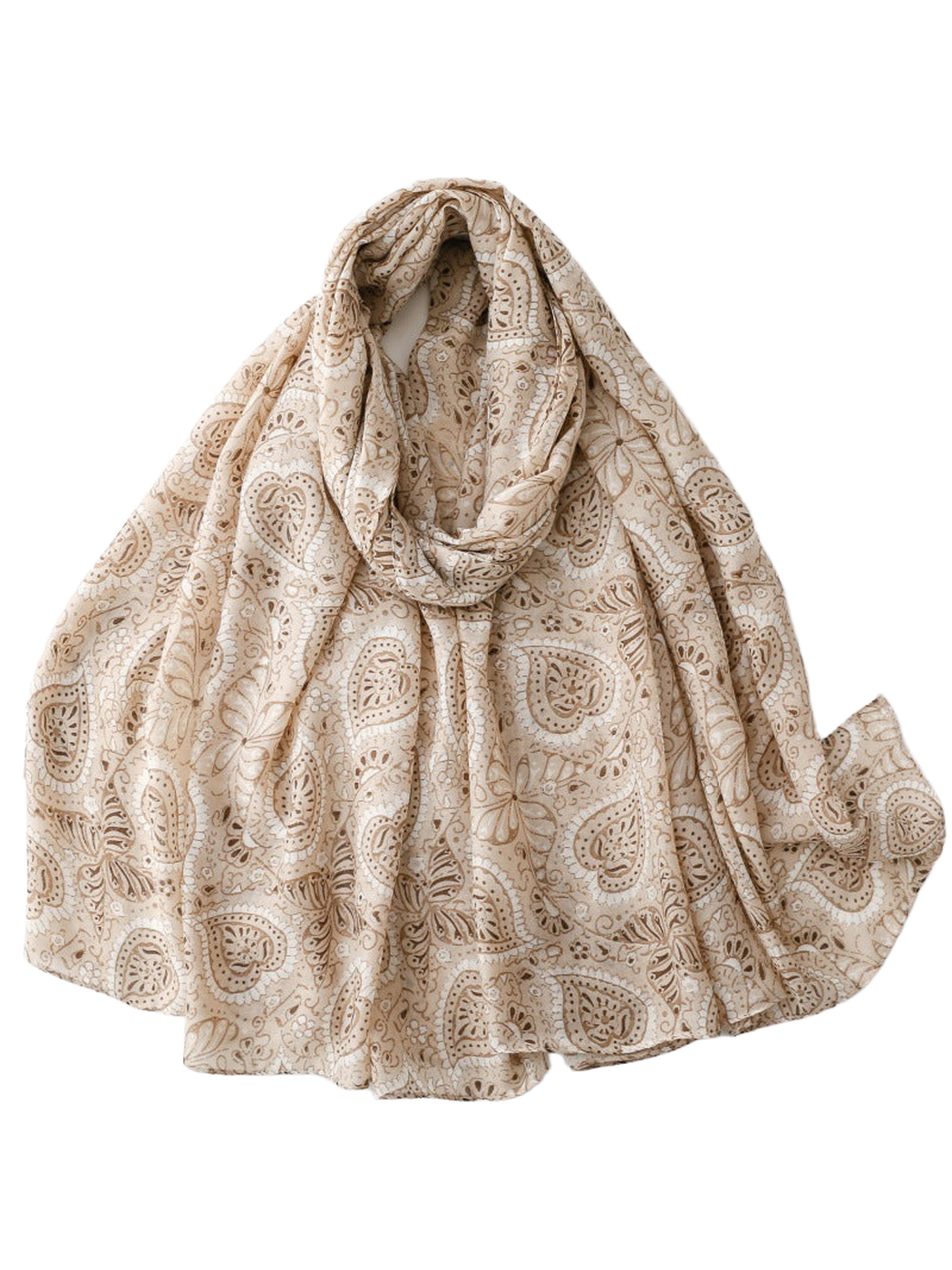 Khaki paisley scarf with butterfly and floral motifs in a draped view
