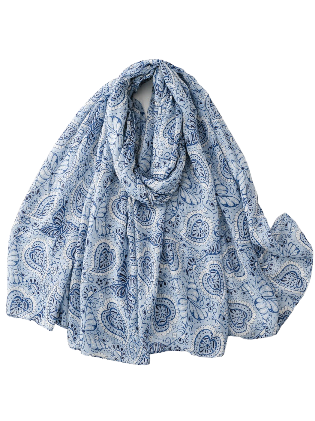 Blue paisley scarf with butterfly and floral motifs in a draped view