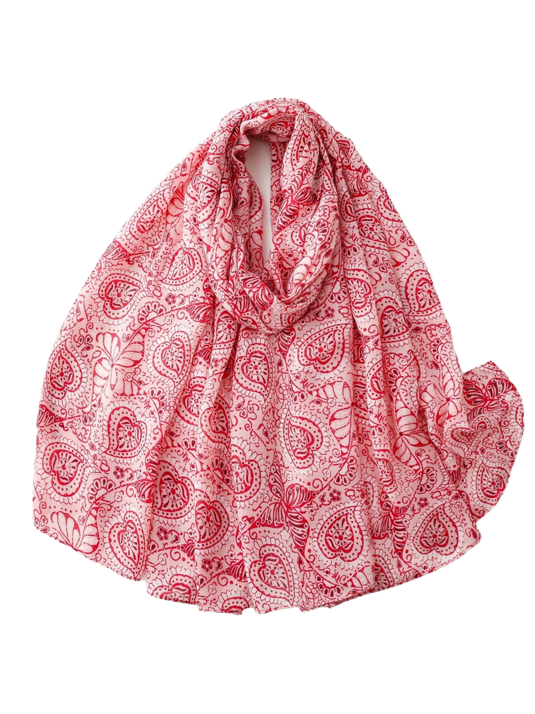 Red paisley scarf with butterfly and floral motifs in a draped view