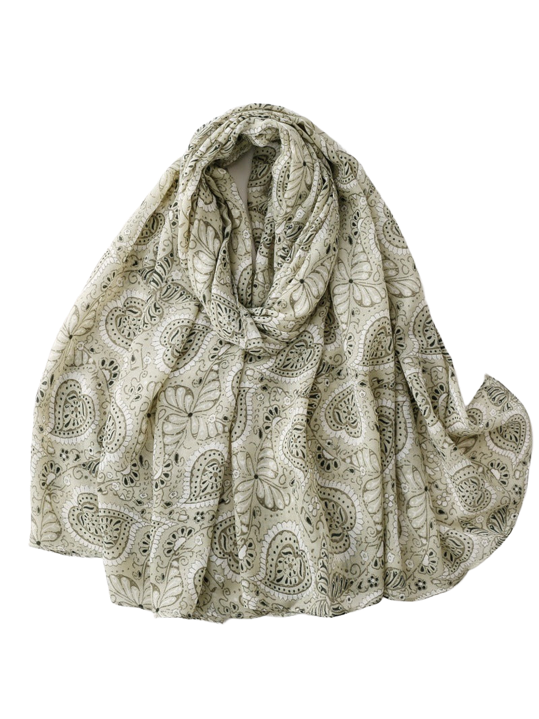 Sage green paisley scarf with butterfly and floral motifs in a draped view
