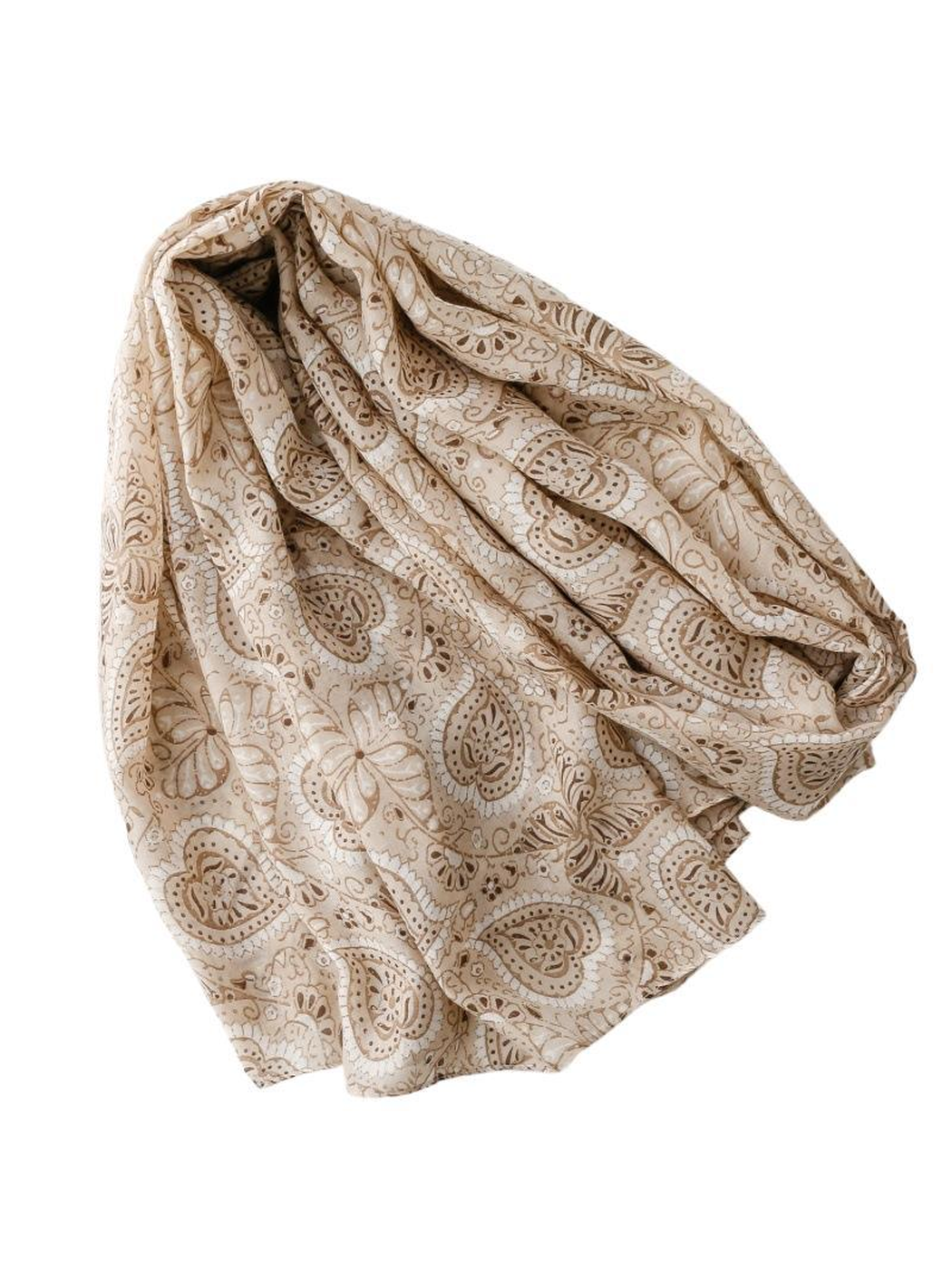Khaki and brown paisley scarf arranged in a looped drape