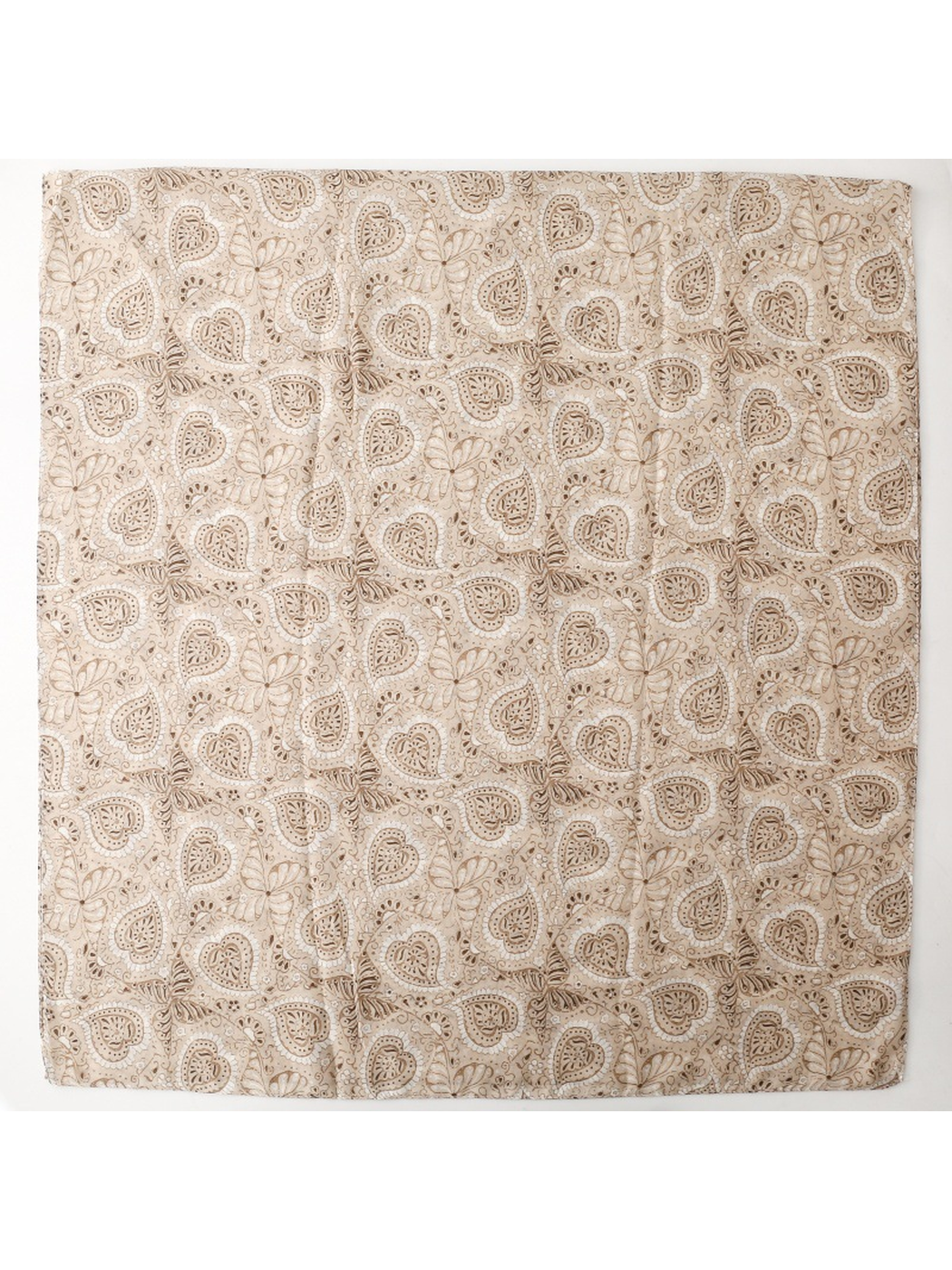 Khaki and brown paisley scarf laid flat to show its overall shape and repeating pattern
