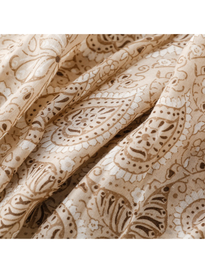 Close-up of khaki and brown paisley outlines across overlapping scarf folds