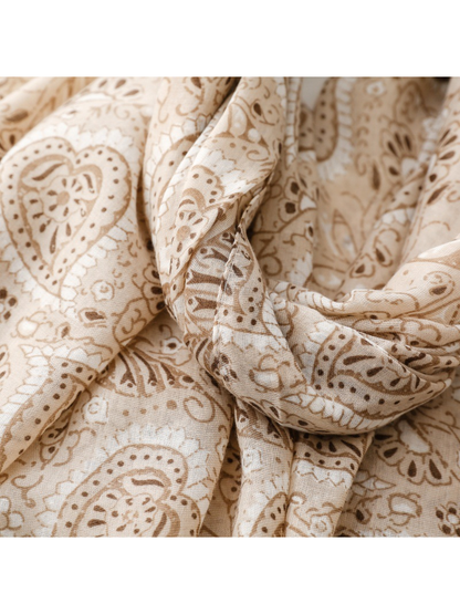 Close-up of the khaki and brown scarf print, folds and stitched edge
