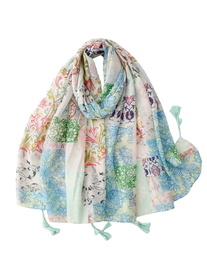Mint green rectangular scarf with patchwork floral and paisley print and tassels