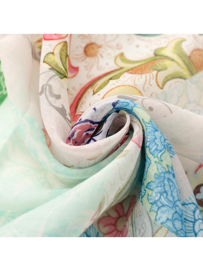 Close-up of the scarf's sheer woven-look texture and multicolor floral print