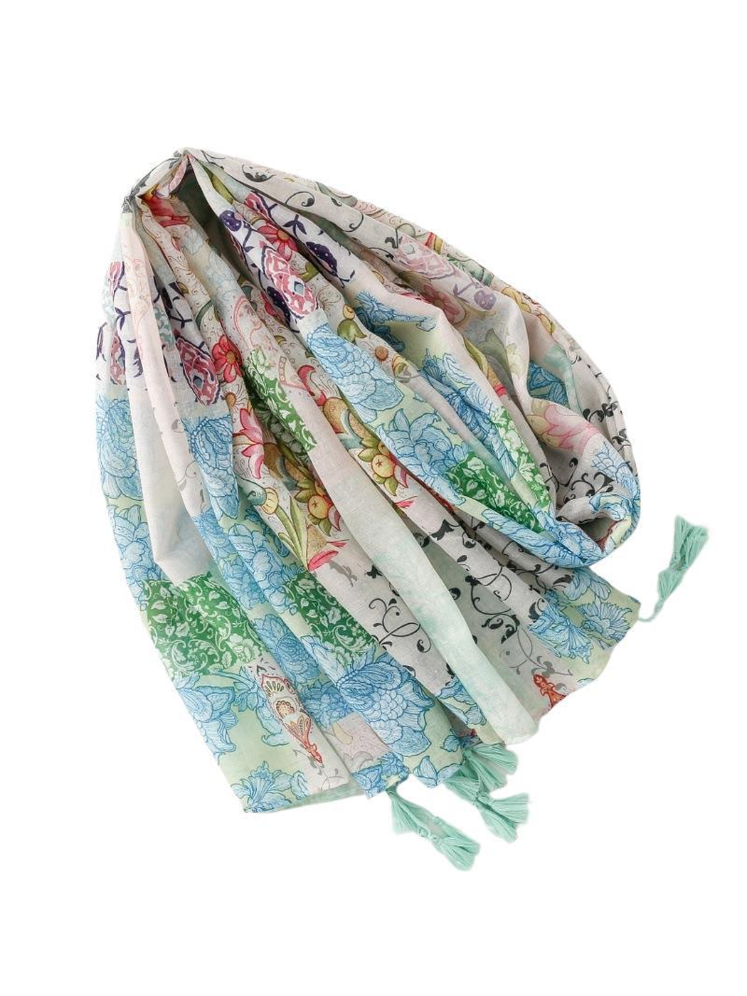 Full view of the mint green rectangular scarf with floral patchwork print and tassels