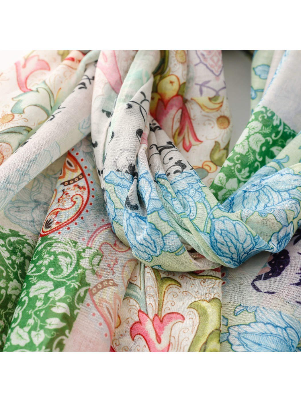 Close-up of overlapping floral, paisley and ornamental printed folds