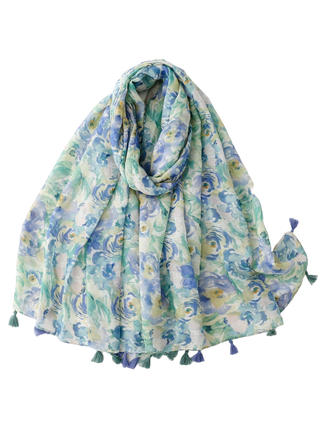 Blue, mint green and white watercolor floral scarf draped with tasseled edges