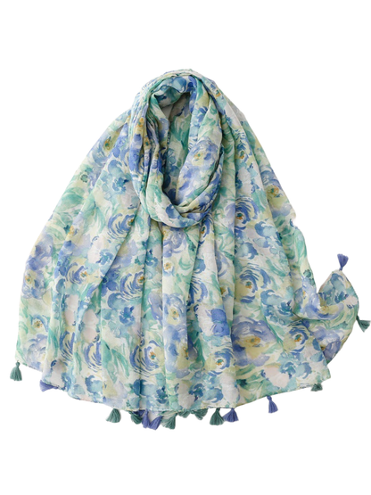 Blue, mint green and white watercolor floral scarf draped with tasseled edges
