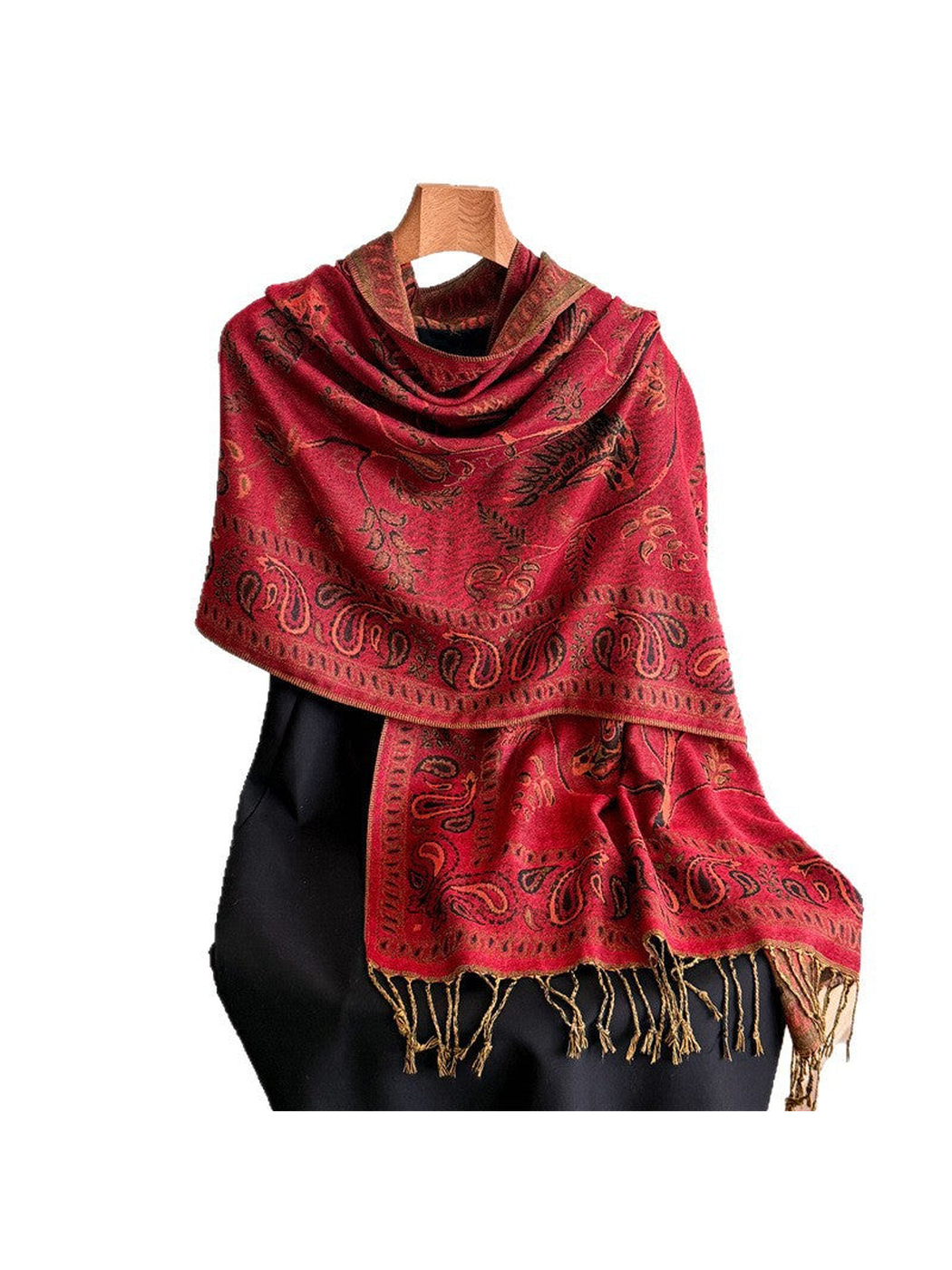 Deep red bird and paisley scarf with ornamental border and fringe