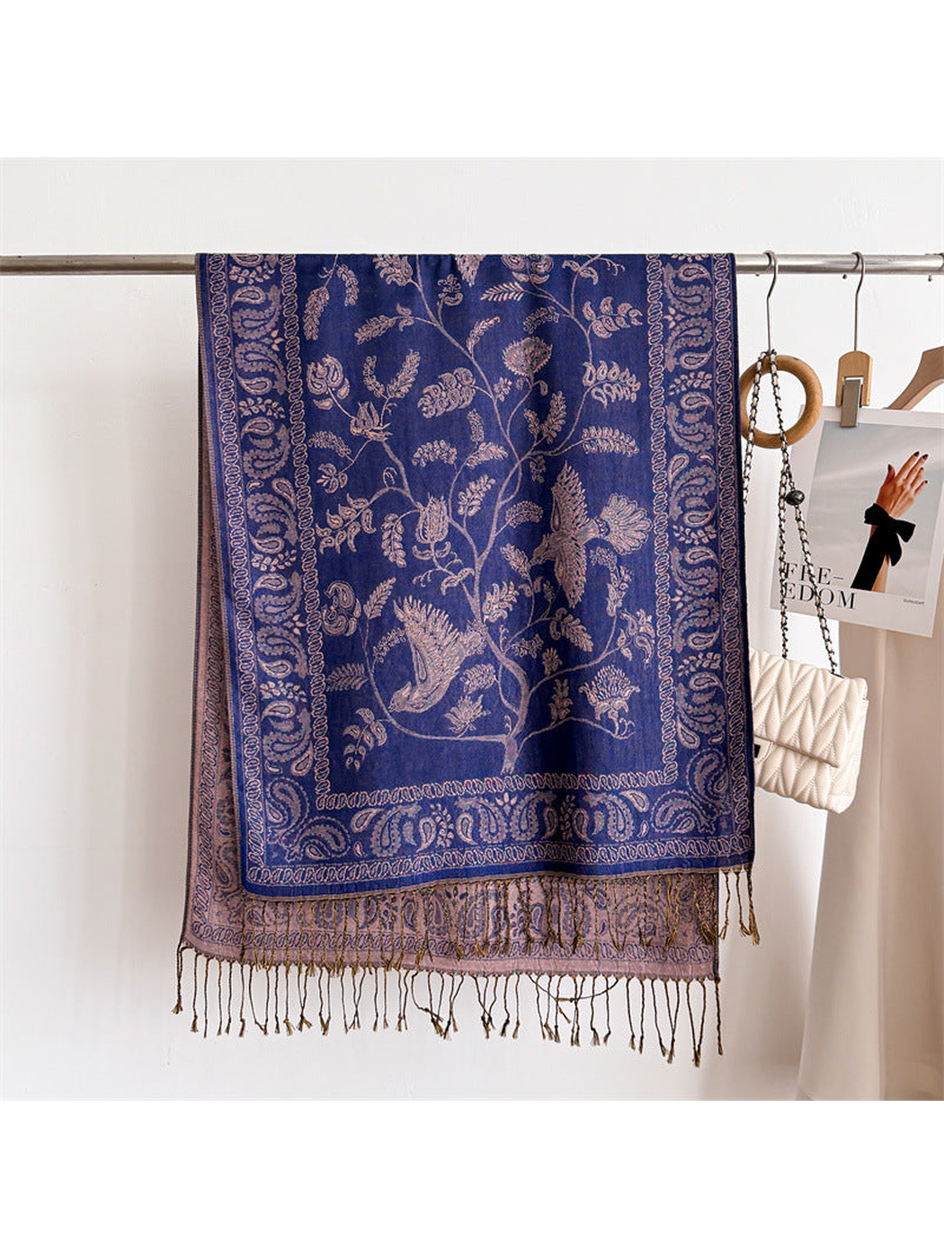 Blue bird and botanical scarf with paisley border and knotted fringe