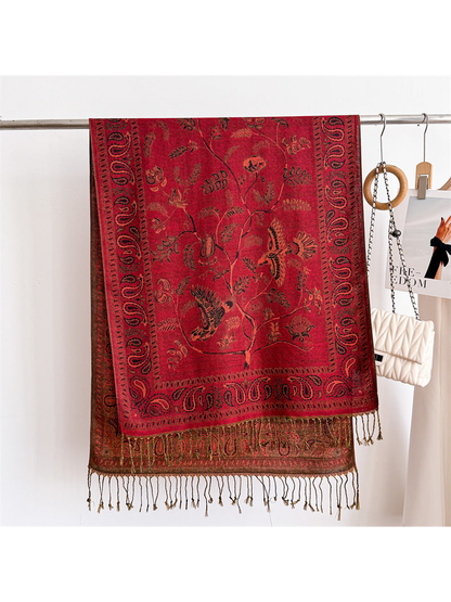 Red bird and botanical scarf with paisley border and knotted fringe