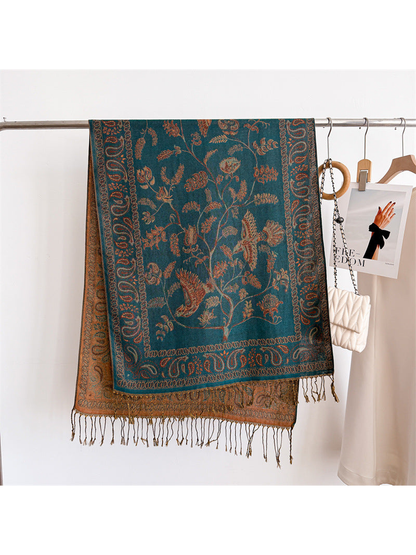 Teal Blue bird and botanical scarf with paisley border and fringe