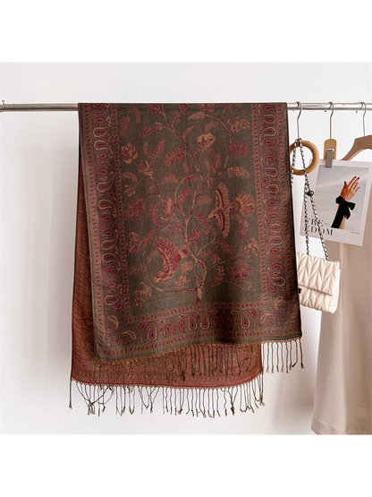 Brown bird and botanical scarf with paisley border and knotted fringe