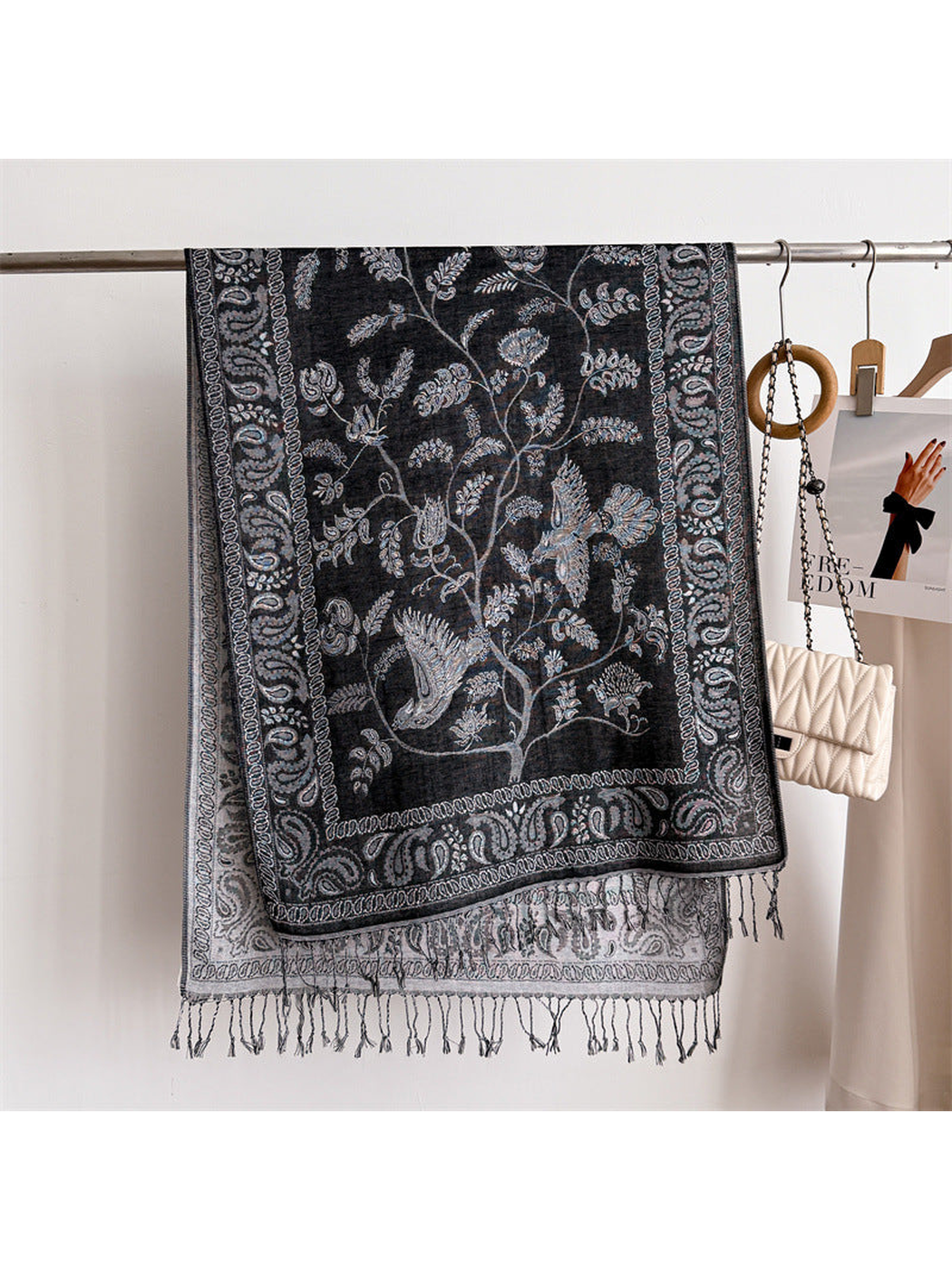 Black bird and botanical scarf with paisley border and knotted fringe