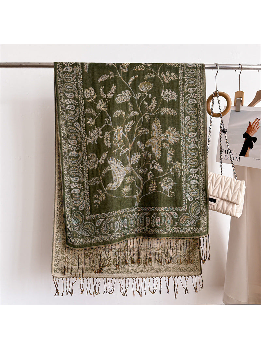 Army Green bird and botanical scarf with paisley border and fringe