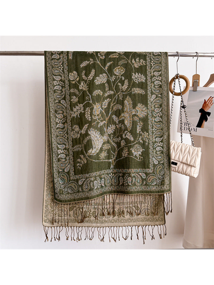 Army Green bird and botanical scarf with paisley border and fringe