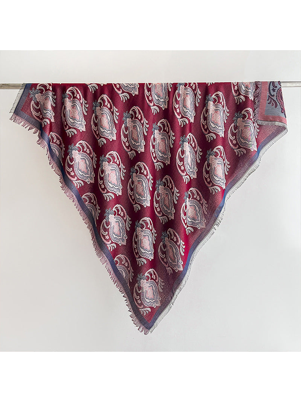 Burgundy paisley square scarf with contrasting border and fringe